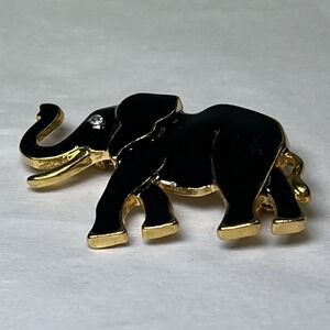 SFJ Gold Tone Black Enamel Elephant Brooch Vintage Art Deco Lapel Pin Rhinestone